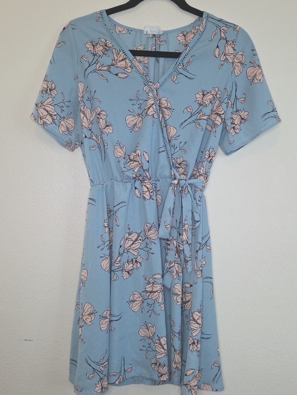 Sienna Sky Light Blue Floral Wrap Dress with Pink Blossoms
